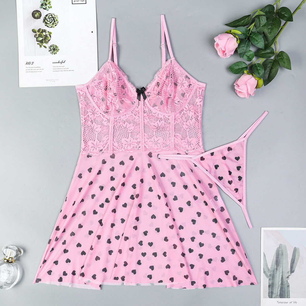 Pink Heart Mesh Nightdress